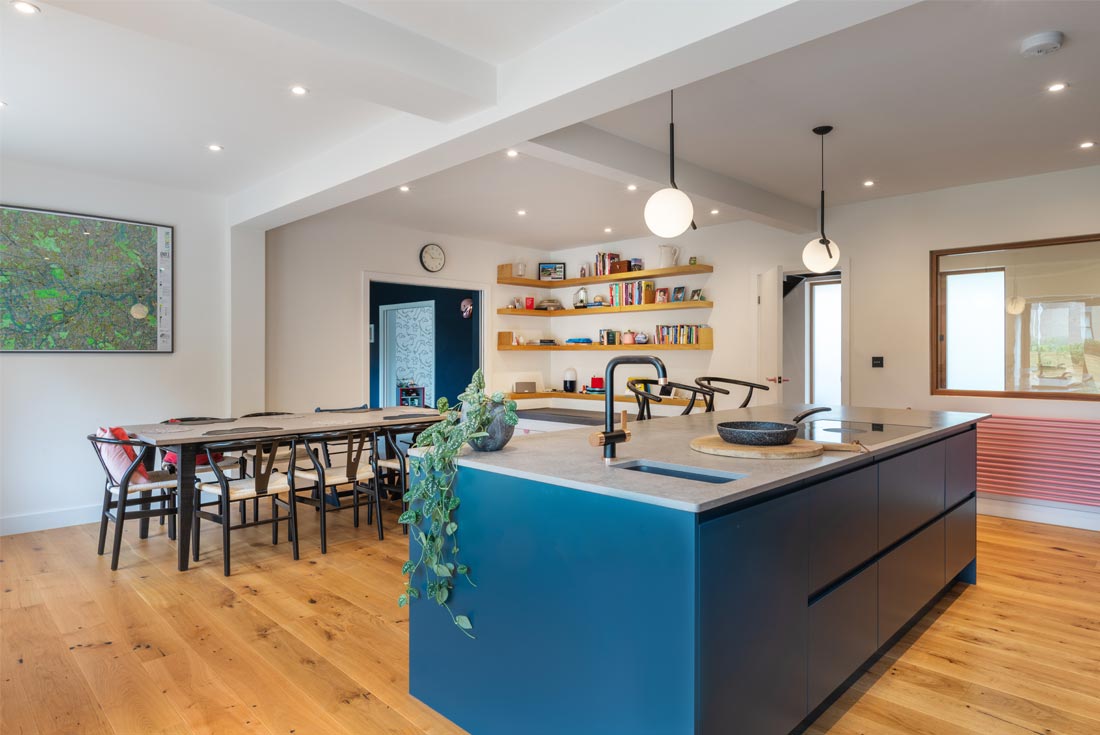 Blue kitchen with reading nook corner joseph king interiors bristol