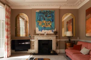 Charleston gray and coral drawing room joseph king interiors