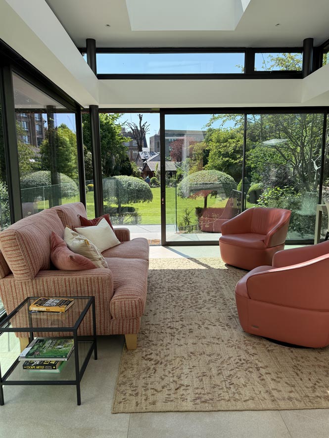 Glazed garden room with modern coral furniture joseph king interiors bristol 7