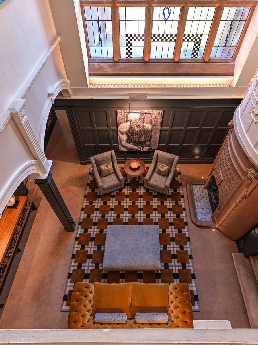 Ochre and pale blue arts and crafts living area joseph king interiors bristol 2