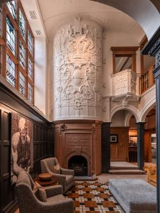 Ochre and pale blue arts and crafts living area joseph king interiors bristol