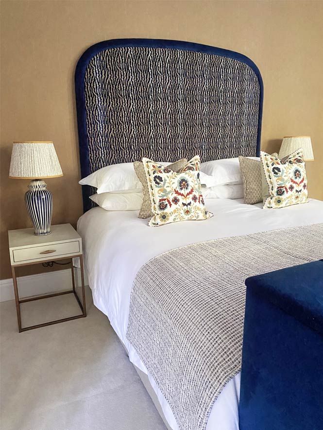 Tall blue misa headboard with gold walls master bedroom joseph king interiors bristol 3