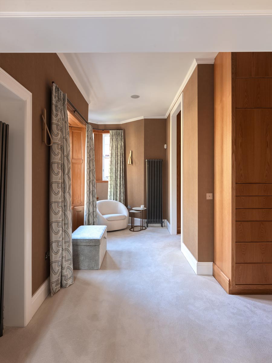 Deep gold walls bedroom with duckegg blue lucury bedroom Joseph King Interiors Bristol